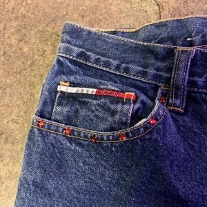 Y2K? Tommy Hilfiger blue jeans red and white embellishments stitching and beads